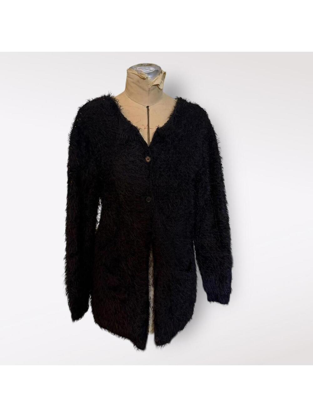 Yessica Black Fuzzy Button-Up Cardigan Sweater